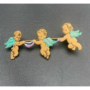 Vintage Baby Cherubs Angel Cupids Brooch Pin Gold Tone Light